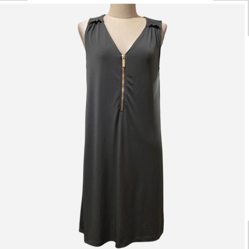 Michael Kors • Olive Green Sleeveless Dress with Gold Front Zip.  Sz Small.